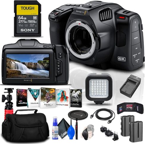 كاميرا سينما الجيب Blackmagic Design 6K Pro (حامل EF) (CINECAMPOCHDEF06P) + بطاقة قوية سعة 64 جيجابايت + برنامج Corel للصور + بطارية NPF550 + حافظة + ضوء LED + مجموعة تنظيف + كابل HDMI + المزيد in Saudi Arabia