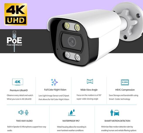 كاميرا مراقبة خارجية 8 ميجابكسل 4K POE، مقاومة للماء IP67، كاميرا IP للكشف عن المركبات البشرية، رؤية ليلية ملونة، صوت ثنائي الاتجاه، زاوية واسعة 2.8 مم، وصول عن بعد in Kuwait