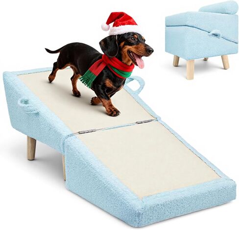 Dog Stairs for Small Dogs and Cats – 2-in-1 Dog Ramp for Bed and Couch, 16.5'' Foldable Wooden Pet Steps, Sturdy Multi-Use Split Ottoman Design, Beige in Kuwait