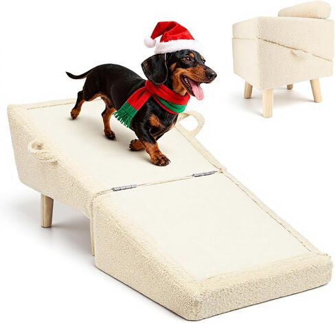 درج الكلاب للكلاب الصغيرة والقطط-منحدر الكلاب 2 في 1 للسرير والأريكة ، و 16.5 '' خطوات خشبية قابلة للطي ، والتصميم العثماني متعدد الاستخدامات قوي ، بيج ، بيج in Kuwait