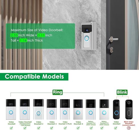 QIBOX Anti-Theft Video Doorbell Mount Compatible with Ring/Blink Wireless Video Doorbell, Renter Friendly Camera Mount, No Drill & Adjustable Doorbell Holder Bracket Accessories (Front Design-Silver) in Saudi Arabia