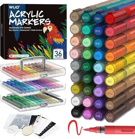 WUO 36 Colors Acrylic Paint Markers (2 Metallic), Automatic Ink Control Brush Tip for Multi-Surface Acrylic Paint Pens for Rock Painting, Wood, Canvas, Glass, DIY Art in Kuwait