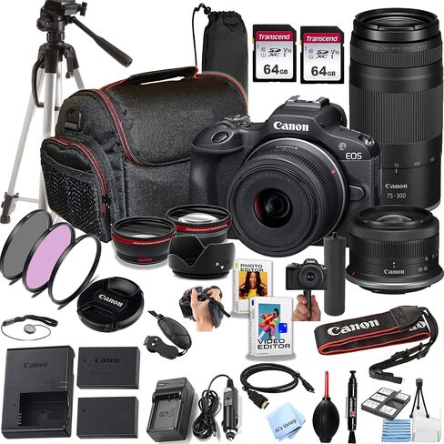 كاميرا Canon EOS R100 بدقة 24.2 ميجابكسل بمستشعر APS-C CMOS بدون مرآة مع عدسات 18-45 مم + 75-300 مم، وذاكرة 128 جيجابايت، وحامل ثلاثي القوائم، وقبضة تثبيت، ومرشحات، وعدسات، وحافظة، وبرامج، والمزيد (حزمة مميزة) (متجددة) in Kuwait