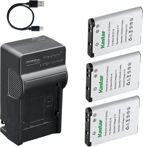 بطارية Kastar 3 عبوات وشاحن تيار متردد وUSB-C، متوافق مع كاميرات Nikon EN-EL19 Sony NP-BJ1 وNikon Coolpix A100 A300 S32 S33 S3700 S5200 S5300 S6500 S7000 W100 W150 وSony DSC-RX0 الرقمية in Kuwait