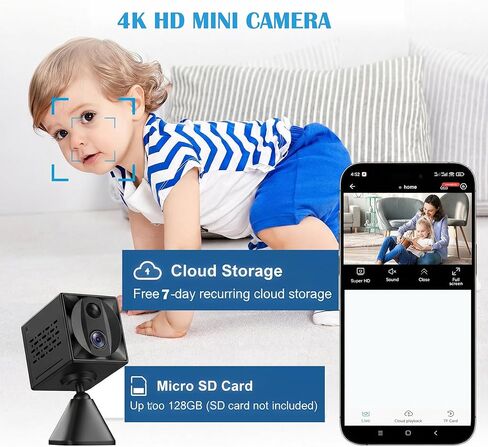 كاميرا تجسس مخفية 5G واي فاي 4K HD كاميرا صغيرة كاميرا أمان داخلية، تخزين بطاقة SD والتحكم في التطبيقات، رؤية ليلية، كاميرات صغيرة لاسلكية للمنزل/الطفل/الحيوانات الأليفة in Kuwait