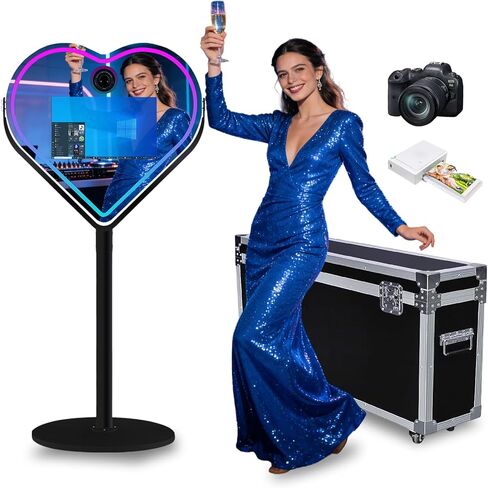 Magic Mirror Photo Booth with 21.5 Inch Touchscreen, APP Control & Instant Printing, Portable Heart DSLR Photobooth Includes Flight Case for Wedding Graduation Parties (Black, Photo Booth + Camera) in Saudi Arabia