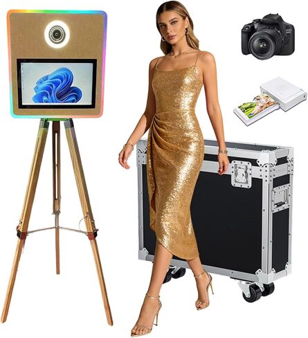 Portable Mirror Photo Booth with 15.6 Inch Touchscreen, APP Control & RGB Light, DSLR Photo Booth Machine Includes Flight Case for Wedding Parties Events Rental (Photo Booth + Printer) in Saudi Arabia