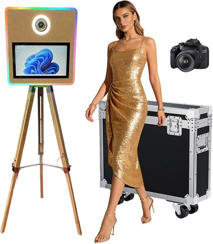 Portable Mirror Photo Booth with 15.6 Inch Touchscreen, APP Control & RGB Light, DSLR Photo Booth Machine Includes Flight Case for Wedding Parties Events Rental (Photo Booth + Printer) in Saudi Arabia