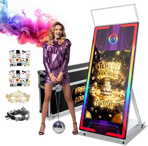 Magic Mirror Photo Booth, 65'' Mirror Photo Booth, 43'' Interactive Touch Screen, with Flight Case, Square Light, Perfect for Weddings, Parties, Events (White, 65-43in) in Kuwait