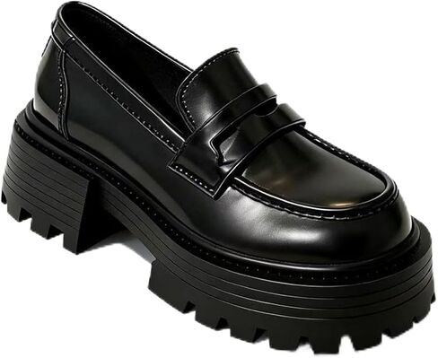 Women's Patent Leather Platform Slip-On Loafers Fashion Soft Leather Non-Slip Lug Sole Chunky Heel Penny Loafers Comfortable Office Dressy Work Shoes in Saudi Arabia