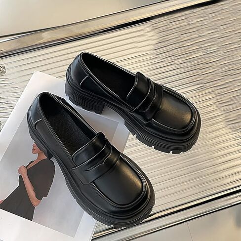 Women's Patent Leather Platform Slip-On Loafers Fashion Soft Leather Non-Slip Lug Sole Chunky Heel Penny Loafers Comfortable Office Dressy Work Shoes in Saudi Arabia