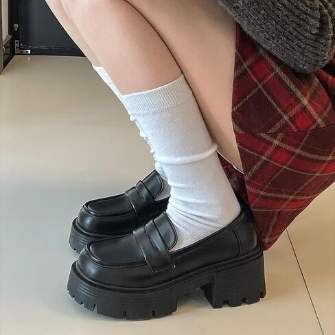 Women's Patent Leather Platform Slip-On Loafers Fashion Soft Leather Non-Slip Lug Sole Chunky Heel Penny Loafers Comfortable Office Dressy Work Shoes in Saudi Arabia