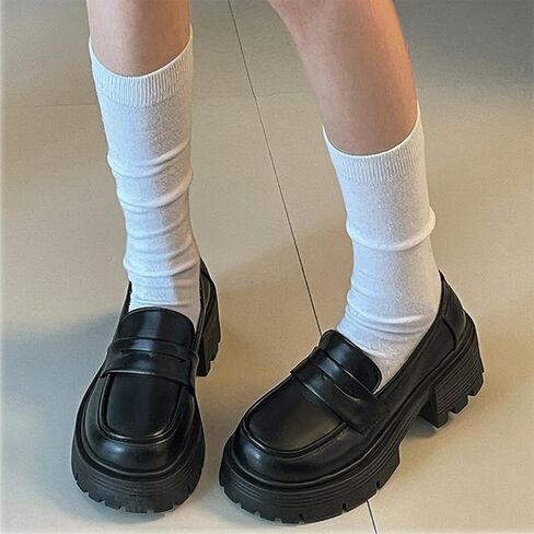 Women's Patent Leather Platform Slip-On Loafers Fashion Soft Leather Non-Slip Lug Sole Chunky Heel Penny Loafers Comfortable Office Dressy Work Shoes in Saudi Arabia