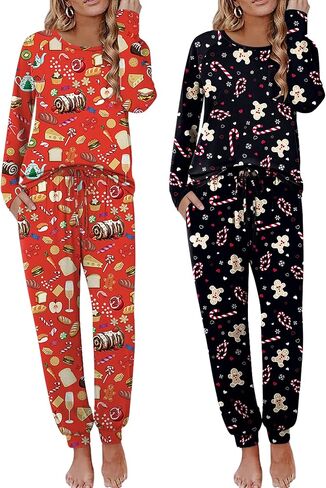 Ekouaer 2 Pack Womens Pajamas Set Long Sleeve Sleepwear Top and Jogger Pants Lounge Sets Cozy Pjs Loungewear S-XXL in Saudi Arabia