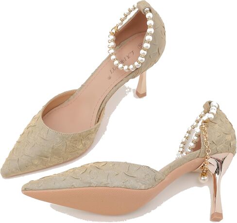 Elegant Women's Pearl-Trimmed Pointed Toe Heels, Champagne Gold Lace, Wedding Formal Pumps with Pearl Chain Detail in Saudi Arabia