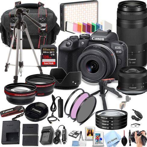 كاميرا Canon EOS R10 بدقة 24.2 ميجابكسل بمستشعر APS-C CMOS بدون مرآة مع عدسات 18-45 مم + عدسات 75-300 مم + ذاكرة فائقة 128 جيجابايت، ضوء فيديو LED، عدسة زاوية واسعة، عدسة مقربة، مرشحات - حزمة احترافية 44 قطعة (متجددة) in Kuwait