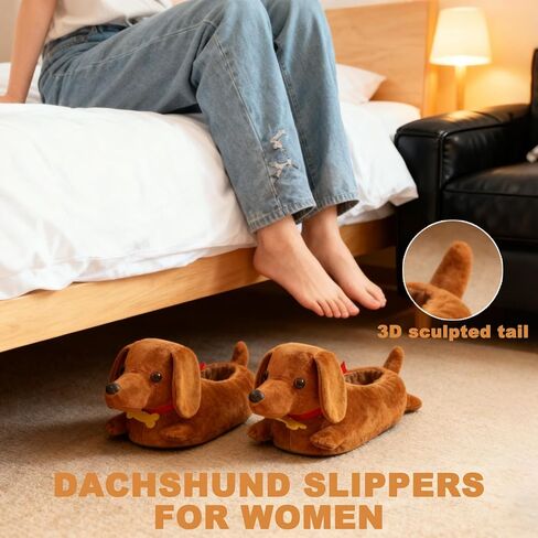 Dachshund Slippers for Women and Men Cute Wiener Dog Plush House Slippers with 3D Tail Non-Slip Cozy Doxie Animal Slippers Gifts for Dachshund Lovers in Saudi Arabia
