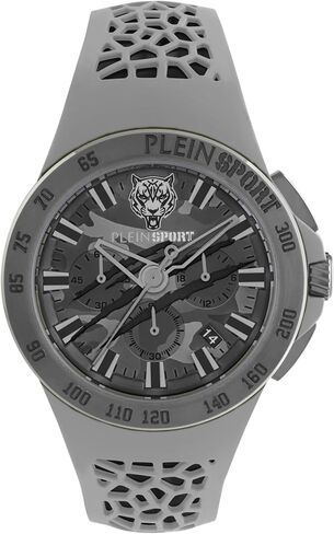 Plein Sport Thunderstorm Chrono Collection Luxury Mens Watch Timepieces with a White Strap Featuring a Rosegold Case and a Camo Dial in Saudi Arabia