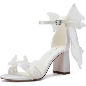 صنادل زفاف مزينة باللؤلؤ، كعب كتلة من الساتان الأبيض، مقدمة مفتوحة مع فيونكة، حزام للكاحل، كعب 3.15 بوصة، أحذية زفاف رسمية in Kuwait