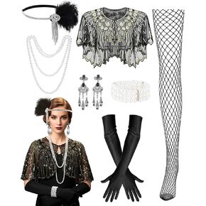 6 Pack 1920s Accessories Set for Women Sequin Beaded Shawl Wraps Flirtatious Headpiece Long Black Gloves Faux Pearl Bracelet Fishnet Stocking Flapper Roaring 20s Costume for Women Cosplay in Kuwait