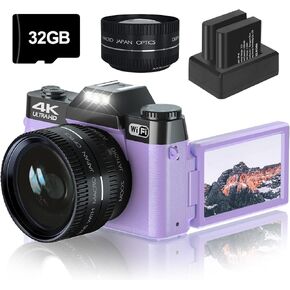 كاميرا رقمية 4K بدقة 56 ميجابكسل، كاميرا تسجيل فيديو لليوتيوب مع واي فاي، كاميرا مدمجة بتكبير رقمي 16X مع بطاقة SD صغيرة 32 جيجا وبطاريتين (أرجواني) in Kuwait
