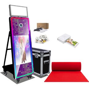 Magic Mirror Photo Booth,32in Interactive Touch Screen Mirror Photo Booth Machine,Built-in Mini PC with Instant Print and Sharing with Flight Cases for Event 、Party (White, Machine) in Saudi Arabia