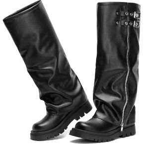 المرأة أضعاف فوق الركبة أحذية عالية جولة اصبع القدم مريحة منصة مسطحة أحذية كعب مكتنزة الانزلاق على القتالية موتو السائق أحذية ركوب الخيل التمهيد الطويل in Kuwait