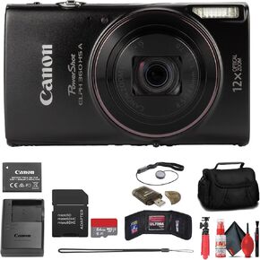 كاميرا Canon PowerShot ELPH 360 HS A الرقمية (أسود) (7280C001) + بطاقة ذاكرة سعة 64 جيجابايت + حافظة + قارئ بطاقات + حامل ثلاثي مرن + محفظة ذاكرة (حزمة المبتدئين) (متجددة) in Kuwait