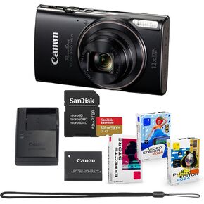 Canon PowerShot ELPH 360 HS A Digital Camera Bundle (Black) + Sandisk 128GB Extreme Micro SD Card & Photo/Video Editing Software Package (8 Items) in Kuwait