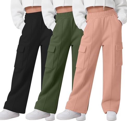 3 Pack Girls Wide Leg Sweatpants Cargo Pants High Waisted Baggy Causal Loose Kids Elastic Waistband Pants Joggers in Saudi Arabia
