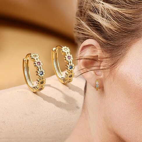 S925 Sterling Silver Daisy Small Hoop Earrings for Women: Flower Huggie Earrings Small Floral Hoop Earrings Rainbow Cubic Zircon 14K Gold Plated Jewelry Gifts for Sensitive Ears in Saudi Arabia
