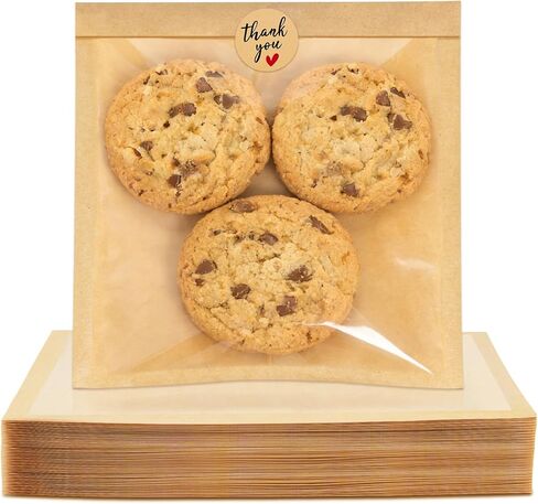 100 حزمة أكياس مخبز قابلة للحرارة مع نافذة ، 7.1 × 7.5 بوصة أكياس تغليف ملفات تعريف الارتباط مع الأكمام الورقية بيع الختم للخبز ، شريحة الكيك ، شطيرة ، دونات ، المعجنات in Kuwait