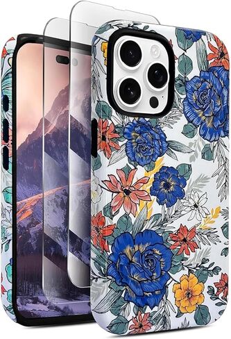 J.West متوافق مع iPhone 15 Pro Max Case 6.7 بوصة مع 2 حزمة شاشة زجاجية مقسّمة ، تغطية هجينة حيوانات طيبة للبنات للنساء الحالات الجمالية للهاتف in Kuwait