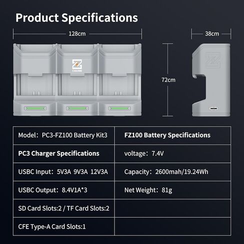 ZGCINE PC3-FZ100 3-Slot NP-FZ100 PD حافظة شاحن بطارية شحن سريع لسوني a7R IV/V، a7 III/IV، a7C II، a6600، a6700، ZV-E1، ZV-E10 II - رمادي in Kuwait