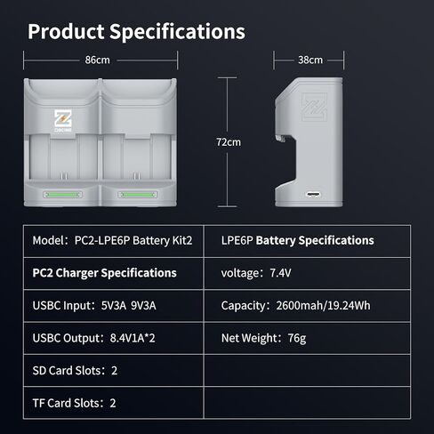 ZGCINE PC2-LPE6 حافظة شحن سريعة بفتحتين PD لبطاريات Canon LP-E6/N/NH/E6P (رمادي) - شاحن بطارية مزدوج مع تخزين SD/microSD، مراقبة LED في الوقت الحقيقي، تصميم مدمج للسفر in Saudi Arabia