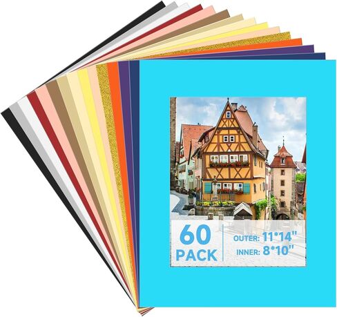 60 Pack Picture Frame Mats, Mixed Colors 11x14 Picture Mats for 8 x10 Photos, Core Bevel Cut Pictures Frames Matting for Photo, Watercolor, Artworks, Prints in Saudi Arabia