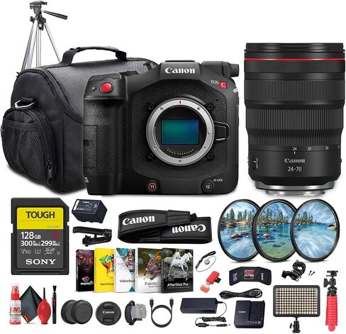 كاميرا سينمائية كاملة الإطار Canon EOS C80 6K (Canon RF) (6389C002) + عدسة Canon RF 24-105 مم + بطاقة 128 جيجابايت + ضوء LED + حامل ثلاثي الأرجل + برنامج تصوير + طقم مرشح عدسة + حقيبة كاميرا + المزيد (متجددة) in Kuwait