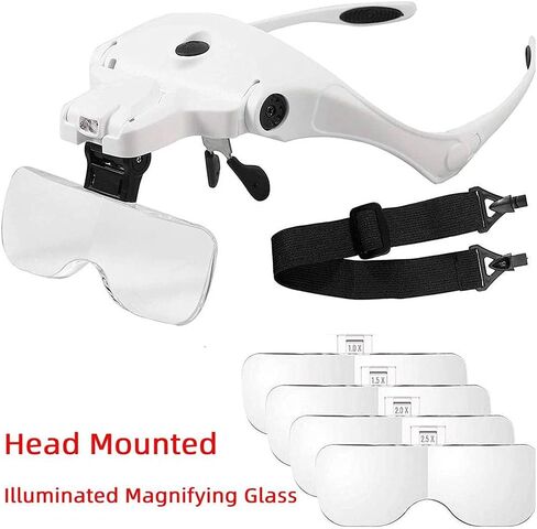 Adjustable 5 Lens Loupe Glasses Magnifier 1.0X .5X 2. 3. with LED Light Headband Rechargeable in Saudi Arabia