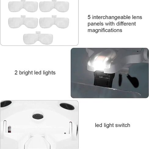 Adjustable 5 Lens Loupe Glasses Magnifier 1.0X .5X 2. 3. with LED Light Headband Rechargeable in Saudi Arabia