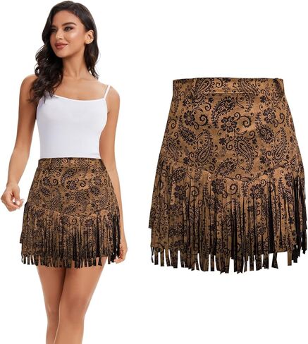 Women Western Cowgirl Fringe Skirt Terra Cotta High Weist Fringe Mini Short Chorts 60s 70s Hippie Party in Kuwait