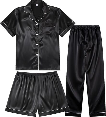3 Piece Silk Satin Pajama Set for Women Soft Short Sleeve Button Down Pjs with Shorts Long Pants Sleepwear S-XXXL in Kuwait