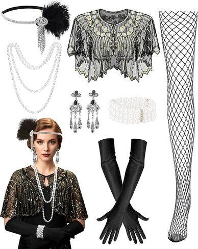 6 Pack 1920s Accessories Set for Women Sequin Beaded Shawl Wraps Flirtatious Headpiece Long Black Gloves Faux Pearl Bracelet Fishnet Stocking Flapper Roaring 20s Costume for Women Cosplay in Kuwait
