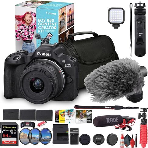 Canon EOS R50 Content Creator Kit with 18-45mm Lens | Mirrorless Camera with Tripod & Flip Screen (Black) + Mic + 64GB Card + Filter Kit + Photo Software + Bag + 2 x LPE17 Battery + More (Renewed) in Saudi Arabia