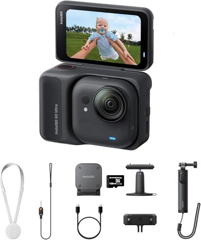 حزمة Insta360 GO Ultra Creator باللون الأسود + بطاقة SD سعة 128 جيجابايت - كاميرا صغيرة بدقة 4K بدون استخدام اليدين، خفيفة الوزن ومحمولة، إضاءة منخفضة، يمكن تركيبها في أي مكان، تثبيت حالة التدفق، 200 دقيقة من عمر الخفاش، مقاومة للماء حتى 33 قدمًا in Kuwait
