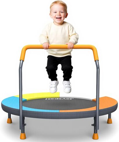 3FT Toddler Trampoline with Adjustable Handlebar, 36" Foldable & Spring-Free, Mini Kids Indoor Outdoor Trampoline for Ages 1-6, Noiseless Jumping Mat, Safe & Sturdy Design, Supports Up to 100 lbs in Kuwait