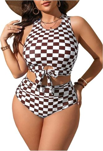 Verdusa Women's Plus Size Plaid Checkered Bikini Set Cut Out Bow Tie High Waisted Swimsuits in Saudi Arabia