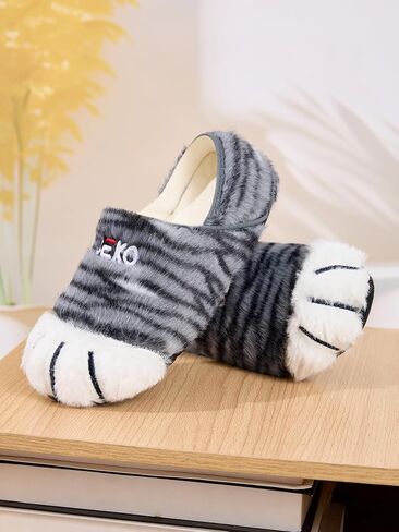 Cute Cat Paw Fuzzy Slippers for Women Men - Soft Fluffy Striped Indoor House Shoes with Warm Plush Lining, Non-Slip Sole, Cozy Winter Bedroom Slippers in Saudi Arabia