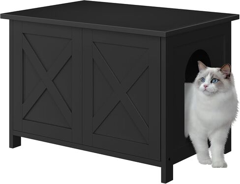 JY QAQA Cat Litter Box Enclosure,Litter Box Furniture Hidden with Barn Door,Wooden Cat Washroom Furniture,Cat House,Fit Most of Litter Box,White in Kuwait