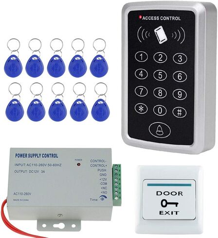 Access Control keypad 125KHZ RFID Controller, 10 125KHz RFID Key fobs, 12V 3A Power Supply, exit Switch Button, Suitable for Home Security System Access Control in Saudi Arabia