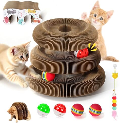 2 PCS Magic Organ Cat Scratcher Board with 6 Balls, Foldable Recyclable Accordion Cats Toy with Ball and Track Adventure, Cat Scratching Pad, Retractable Reversible Furniture Protector(Brown) in Kuwait